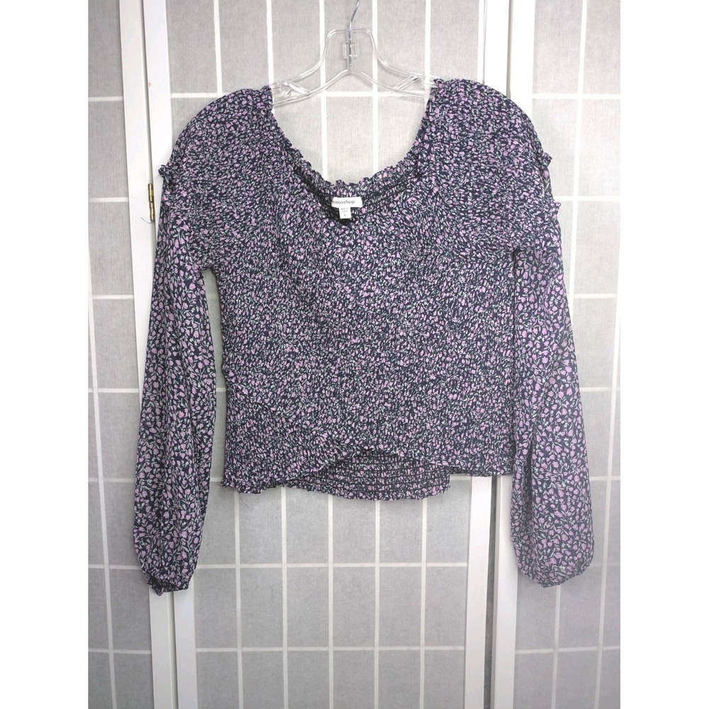 Mittoshop Women's Blouse Large Purple Ditzy Floral Ruched Top Ruffle Long Sleeve